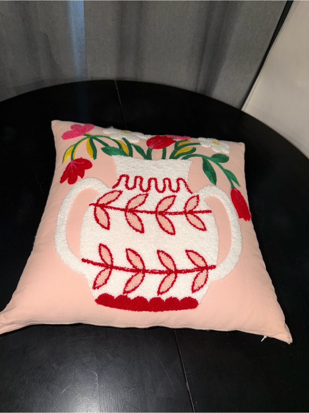 Farmhouse Tufted Blush Pink Decorative Pillow with Red & Green Embroidered Vase